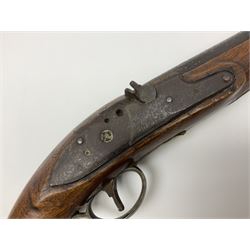 Incomplete early 19th century Woolley Sargant & Fairfax warranted flintlock converted to percussion 16-bore travelling pistol with 20cm(8