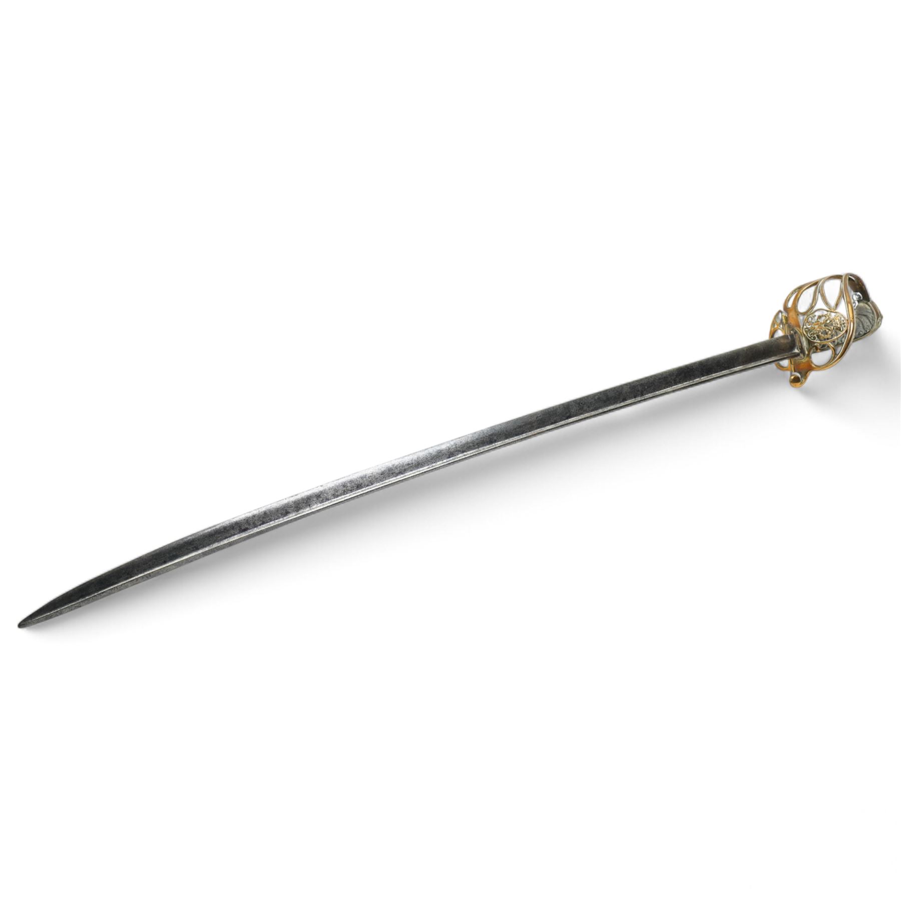  William IV British Infantry sword, the pipe back blade with traces of etching, hinged guard and wire wound shagreen grip and scabbard, blade length 83cm 