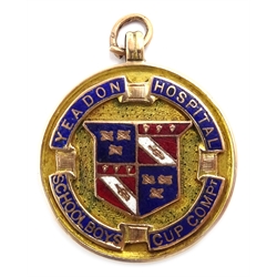  Gold and enamel medal 'Yeadon Hospital School Boys Cup Comp', hallmarked 9ct, approx 9gm  