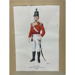 English School (19th century) - full length portrait vignette of an officer of the Coldstream Guards c1830, watercolour, 24 x 11cm, Hogarth type frame; another entitled Officer Agbrigg Local Militia 1808, unframed; and an Ackermann Costumes of the British Army engraving entitled 'The 3rd or Scots Fusilier Guards', unframed (3)