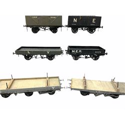 '0' gauge - four scratch-built Lancashire & Yorkshire wagons including two lumber wagons, flat bed and articulated cable drum wagon, two similar NER wagons and a GER open wagon; all unboxed (7)