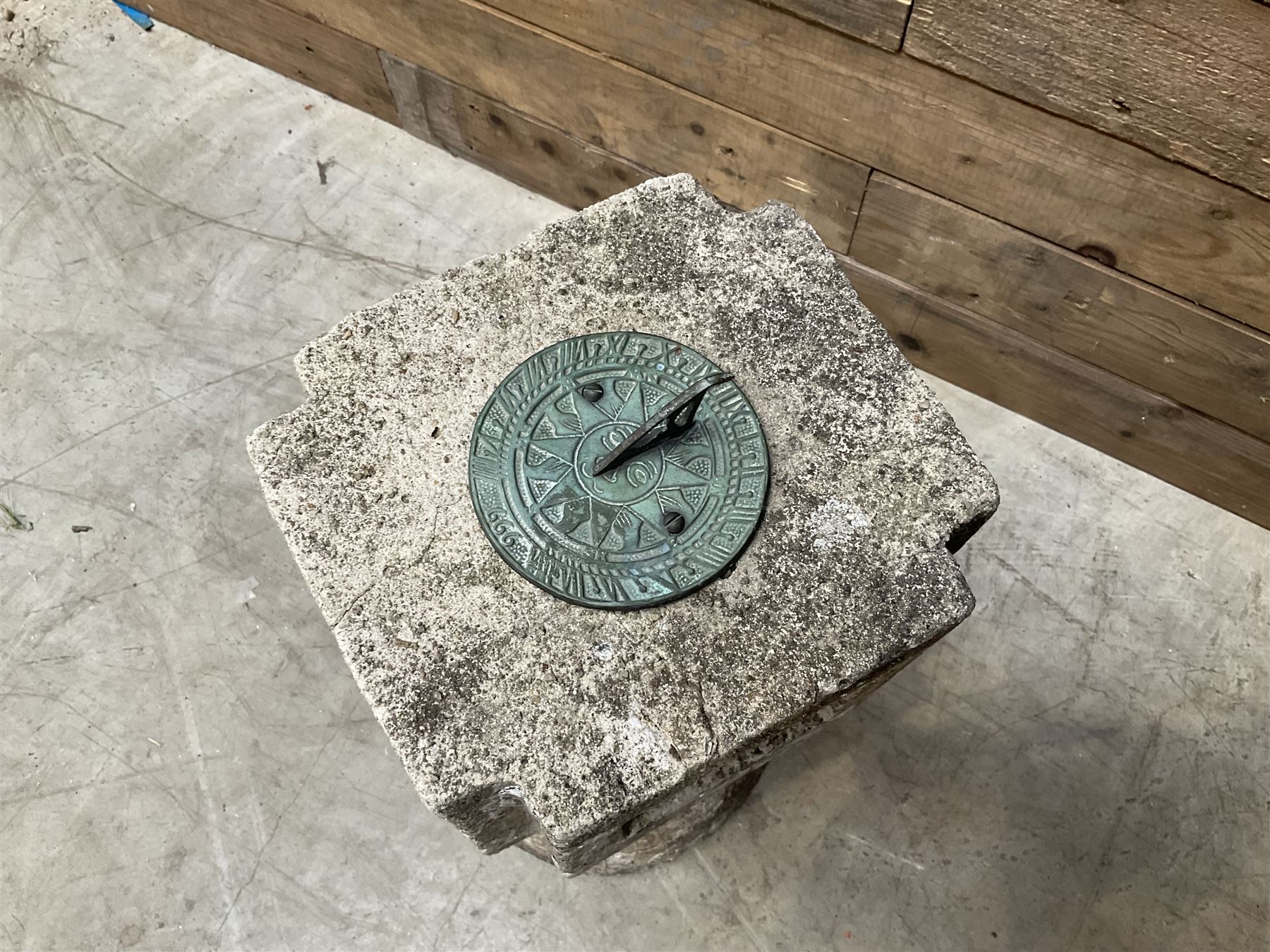 Collection of 9 decorative stone garden objects including sun dial small troughs mill stone and more,