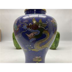 Three cloisonné vases, comprising pair of green and gilt examples with leafy foliage decoration and baluster example decorated with dragons chasing a flaming pearl upon blue ground, tallest H15cm