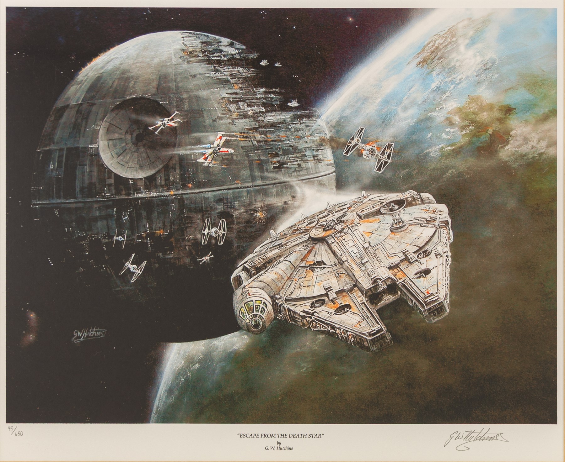 G.W. Hutchins: limited edition print 'Escape From The Death Star' signed by the artist, no. 95/650, framed with certificate of authenticity from Osbourne & Allen Ltd verso, artwork H30cm, W40cm