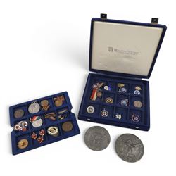 Collection of badges, medals, medallions, coin broches, two lead Great Seals, etc, in West...