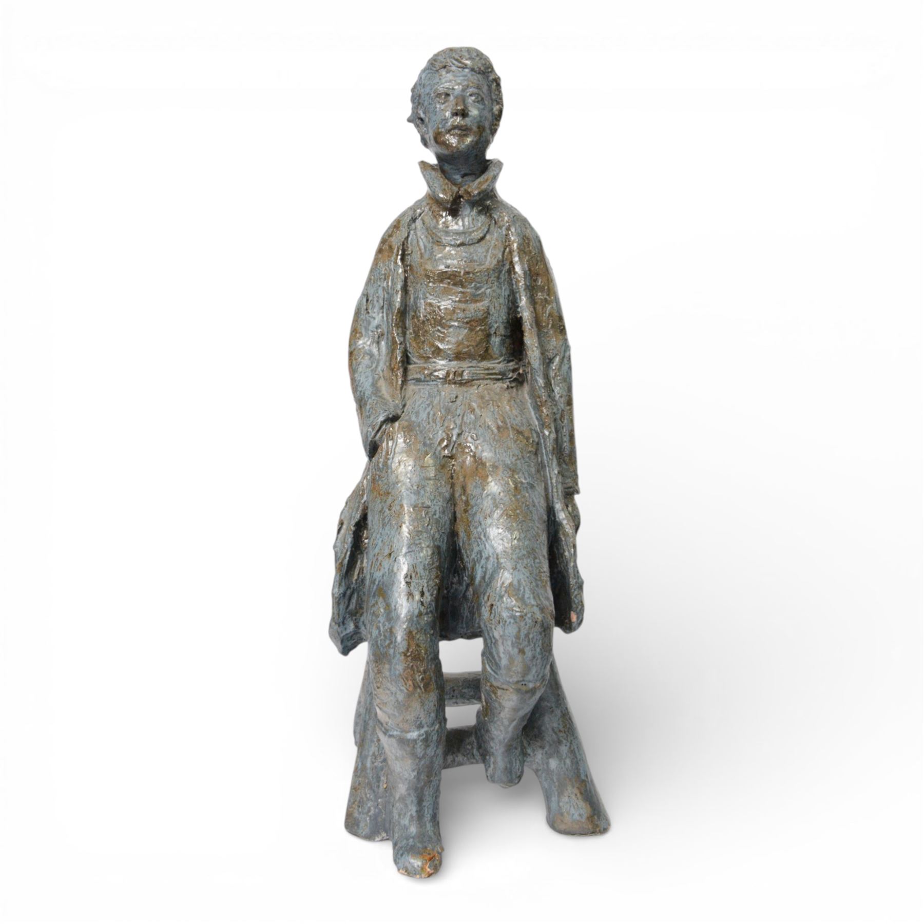Studio pottery figure, modelled as a boy seated upon a stool, H68cm 