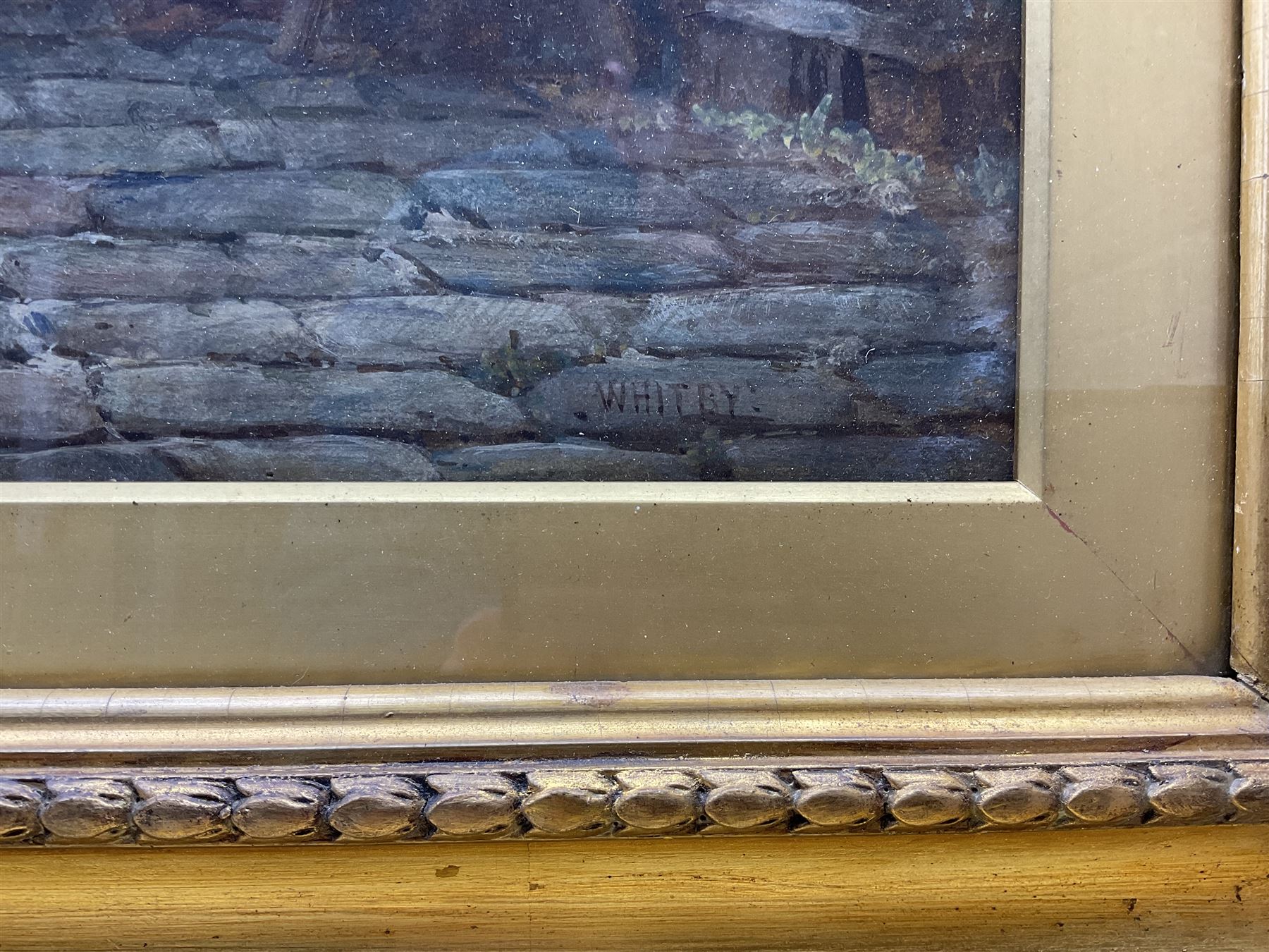 Elias Mollineaux Bancroft (British 1846-1924): 'Arguments Yard - Old Whitby', watercolour and gouache signed titled and dated 1883, further titled signed and dated with artist's address '30 Plymouth Grove Manchester' verso 76cm x 55cm