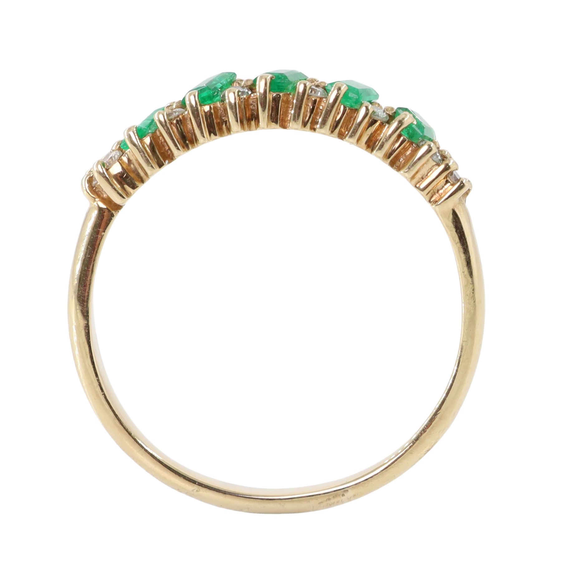 9ct gold emerald and diamond ring, set with five baguette cut emeralds and fourteen round brilliant cut diamonds, hallmarked 