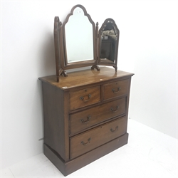 Early 20th century mahogany chest, two short and two long drawers, plinth base (W90cm, H85cm, D45cm) and three piece dressing mirror