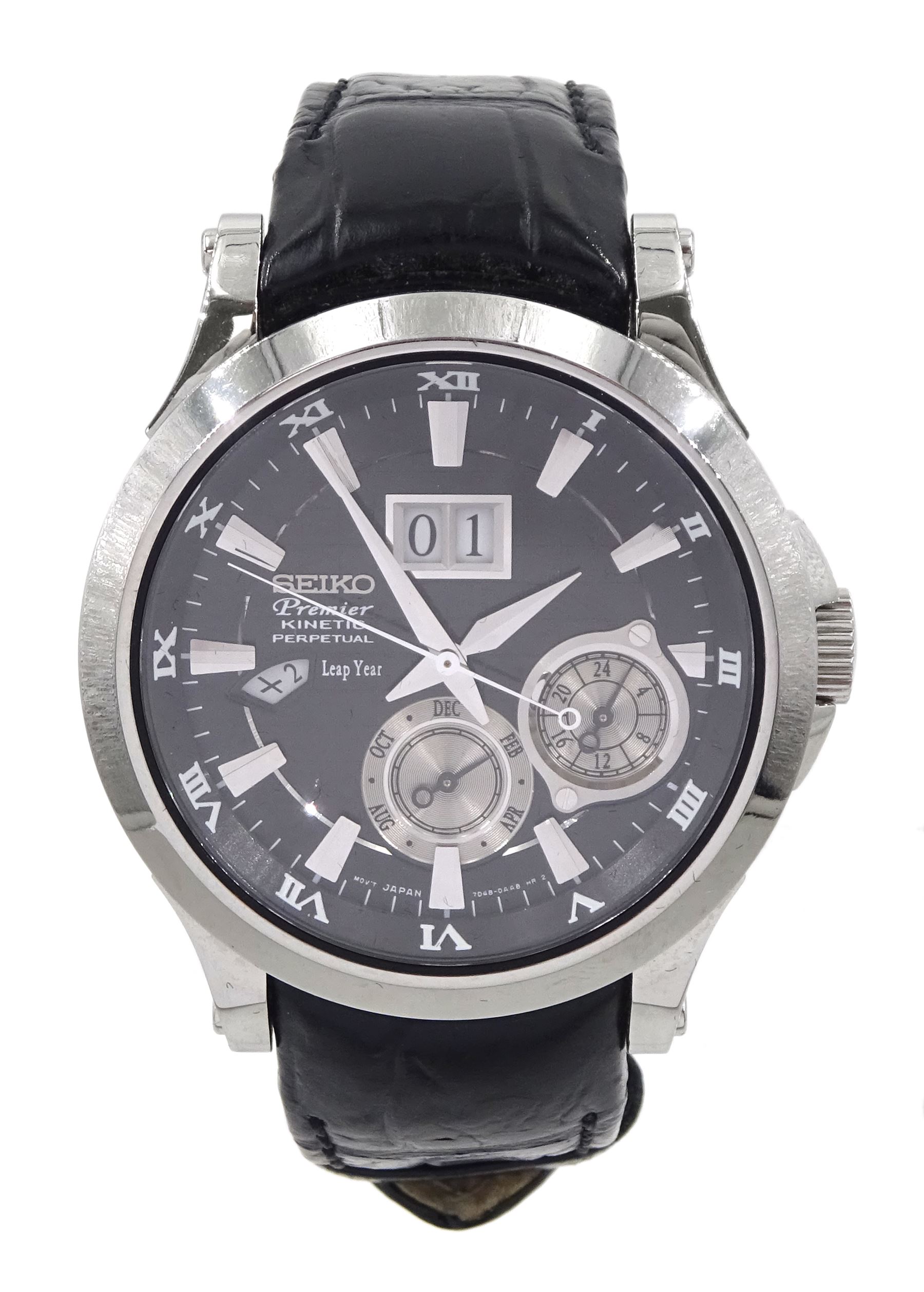 Seiko Premier kinetic perpetual gentleman's stainless steel wristwatch, on original black leather strap with fold-over clasp, boxed with original receipt dated 2009