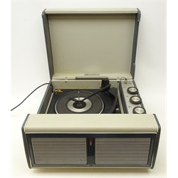  Vintage Bush Monarch record player, serial no. 767/01896 in grey leatherette case with speakers, L45cm   