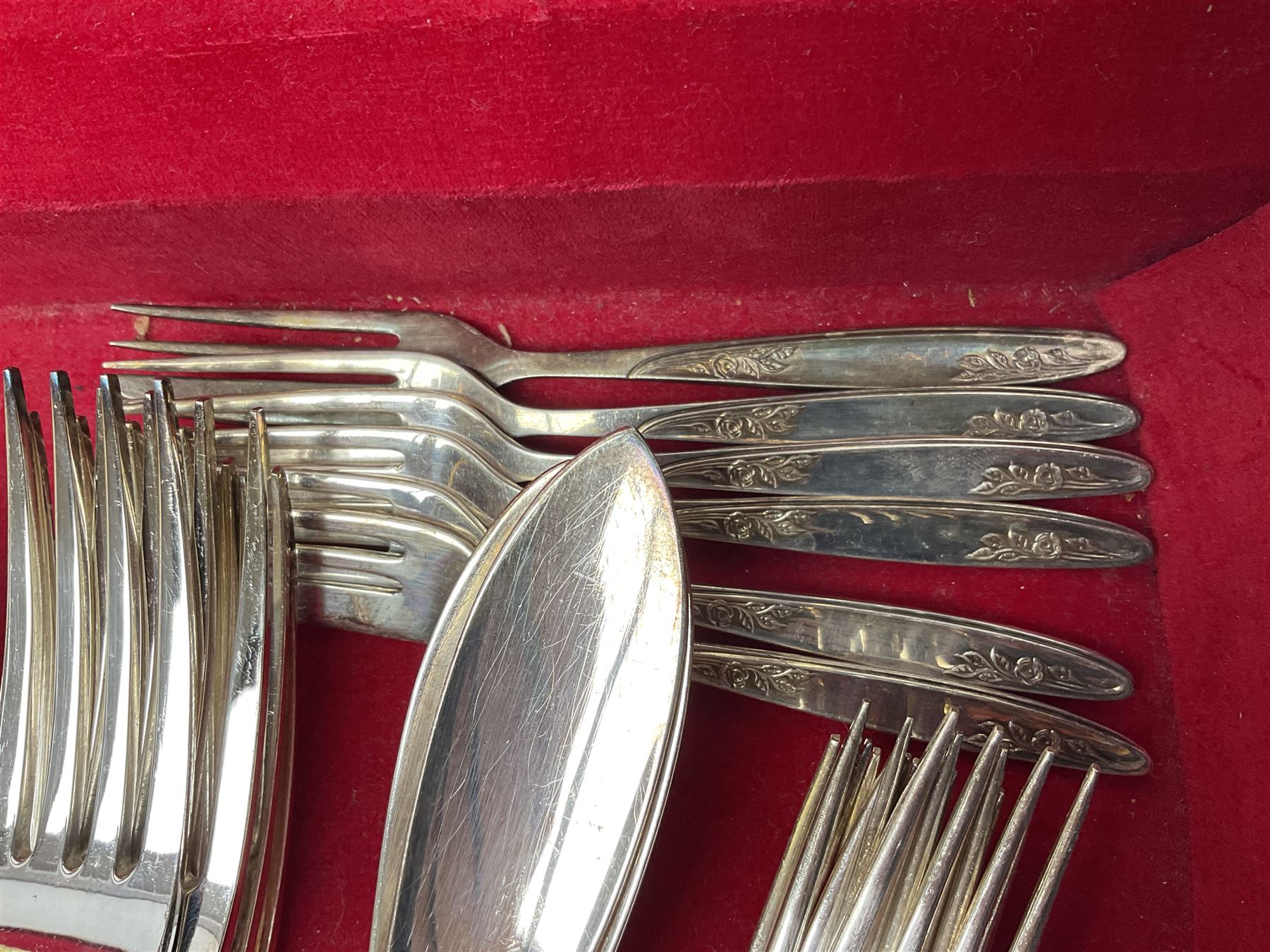Canteen of King's pattern cutlery for six place settings by James Ryals of Sheffield, with two extra forks, pair of salad servers and six fish knives, all within fitted wooden case, together with six ivorine handled butter knives and six silver plated cake forks