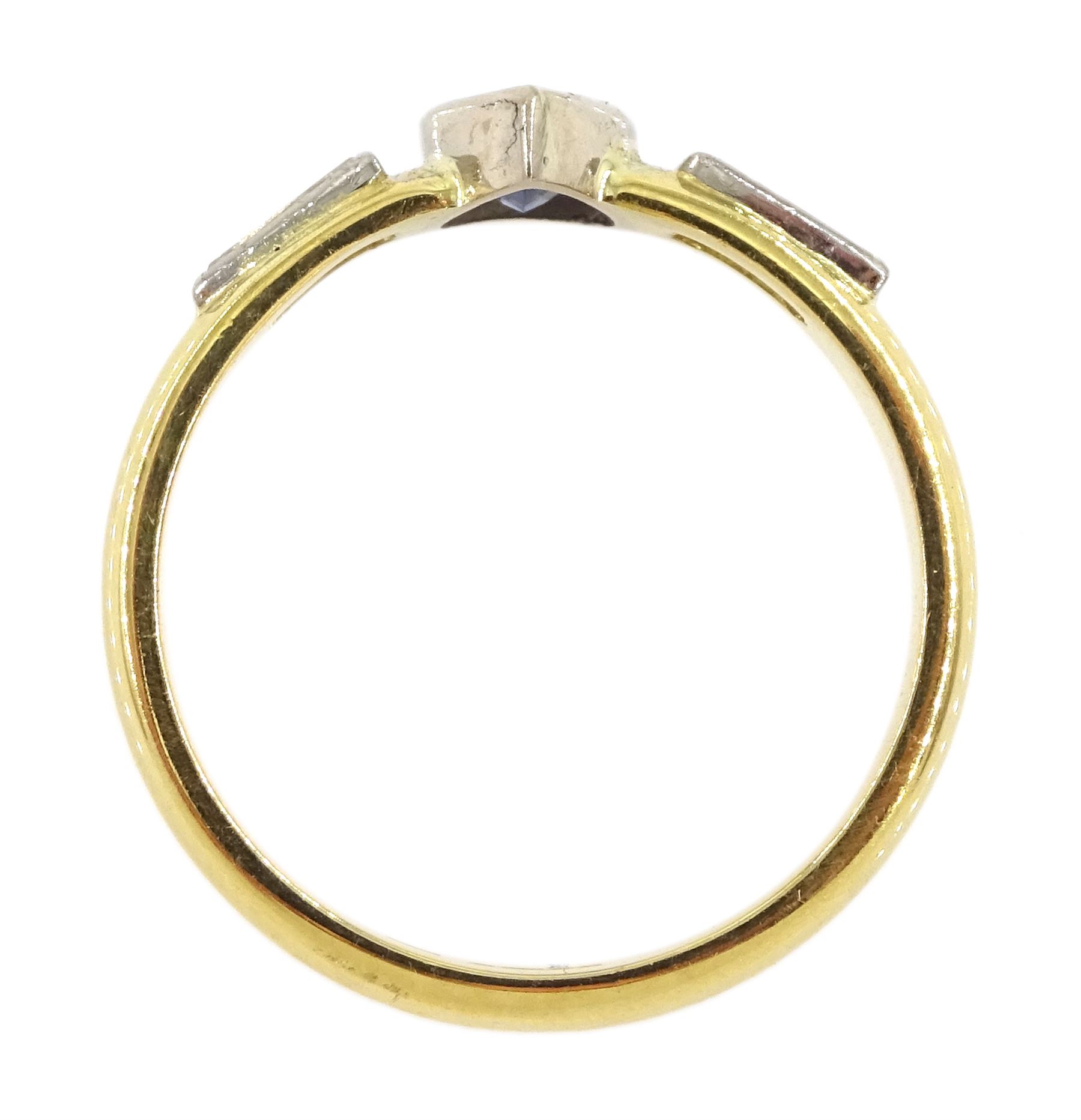 18ct gold pear shape sapphire and tapered baguette diamond ring, hallmarked