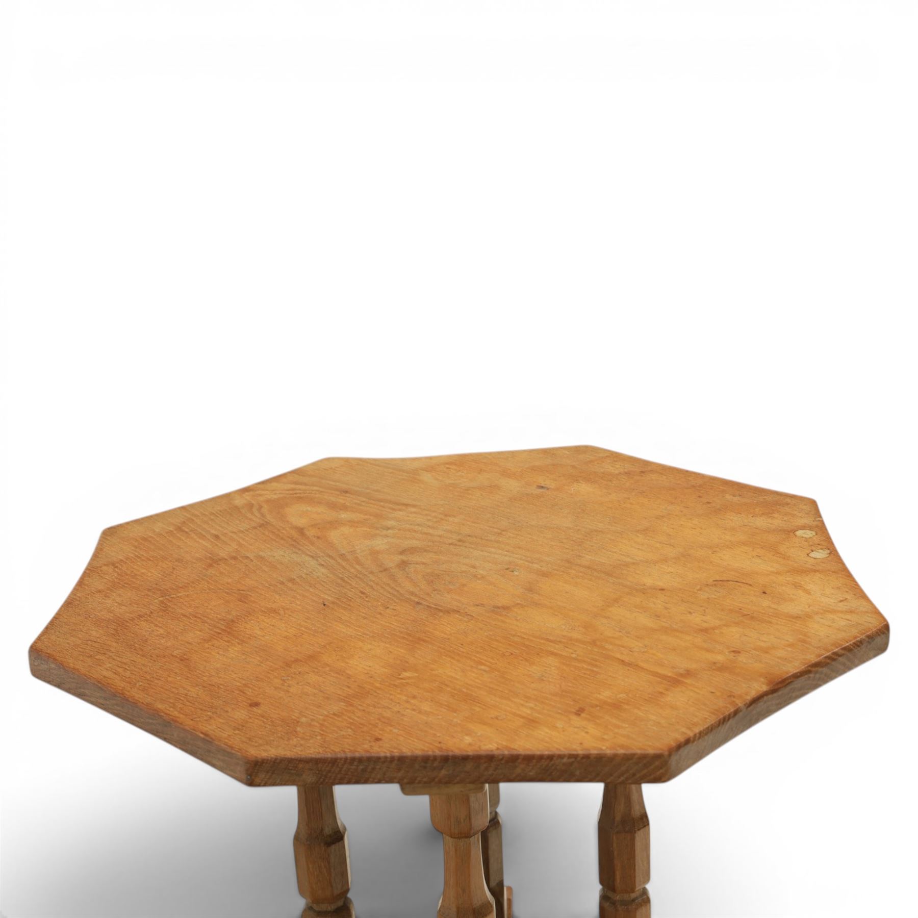 Yorkshire Oak octagonal occasional table, adzed top raised on four chamfered supports