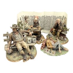Four Capodimonte figure groups, to include tramp figures, shoemaker figure etc
