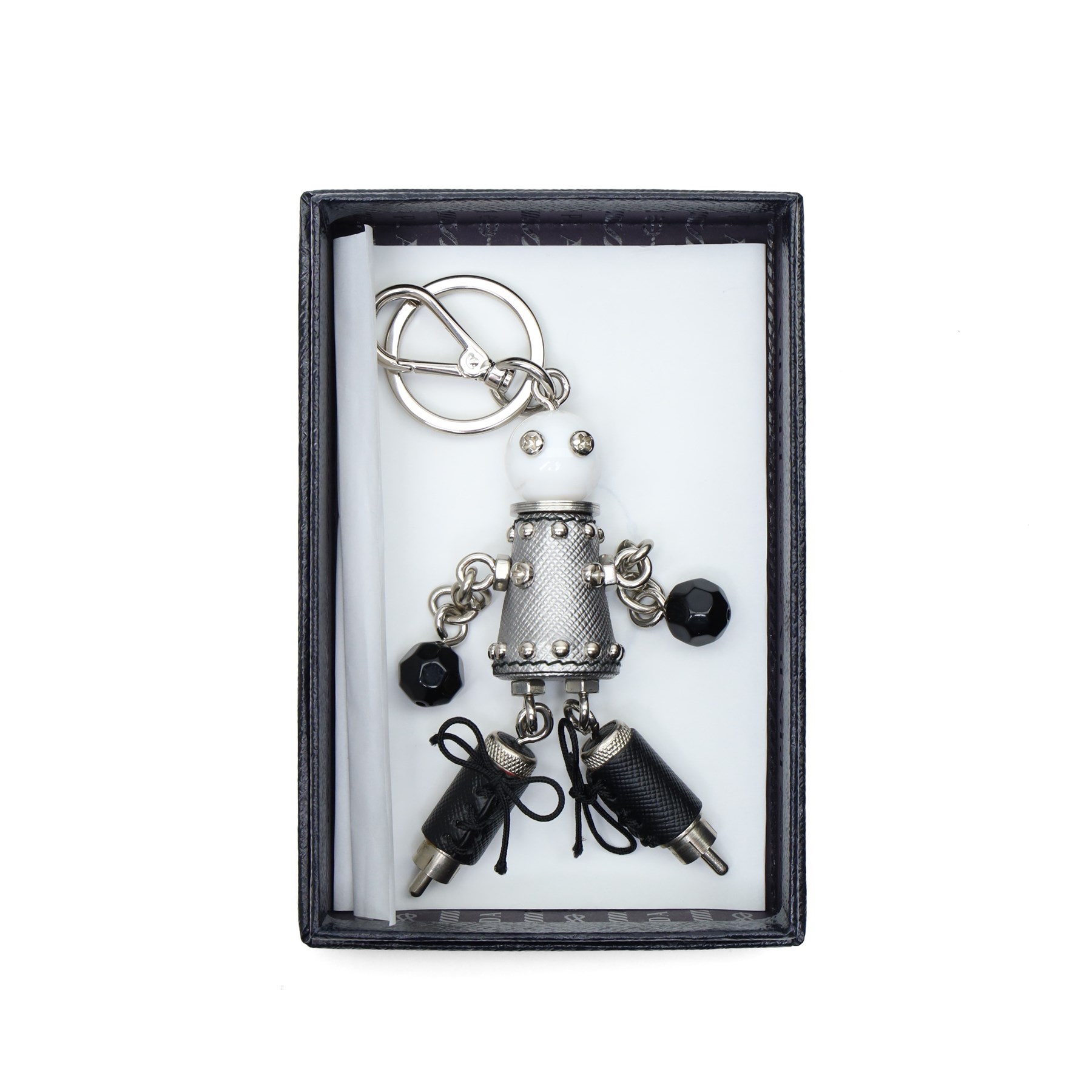 Prada - ‘Robot’ keyring and bag charm, in silver Saffiano leather and metal with studded detailing, articulated chain limbs and black bead hands, with split ring and lobster clasp, with original box