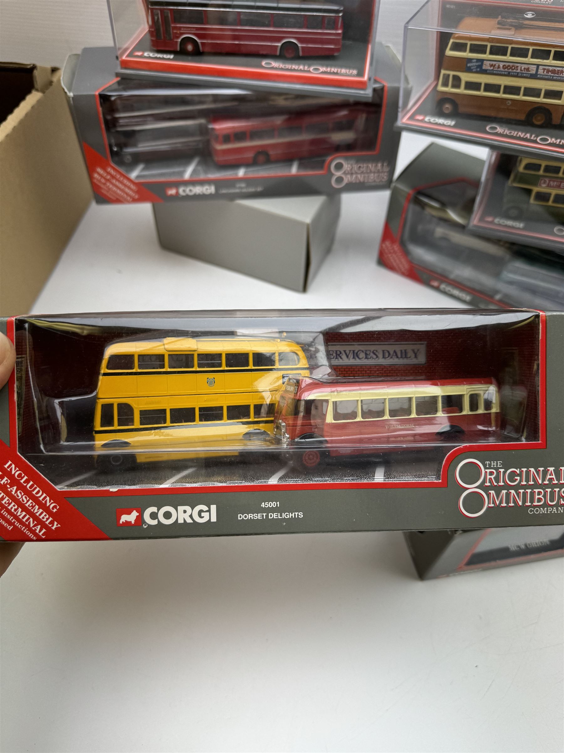 Nineteen limited edition Corgi The Original Omnibus 1:76 scale diecast models, including 45001 Dorset Delights, 45002 The Varsity Set and 97095 Lancashire Holiday Set, all boxed with certificates 
