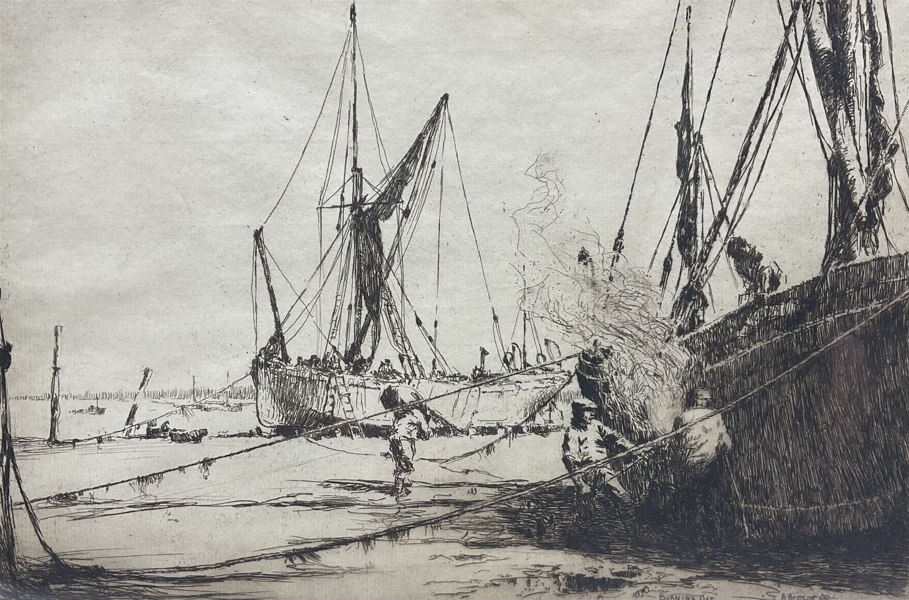 Arthur John Trevor Briscoe (British 1873-1943): 'Burning Off', limited edition etching signed and numbered 39/75, titled and dated '30 in plate 19cm x 29.5cm 