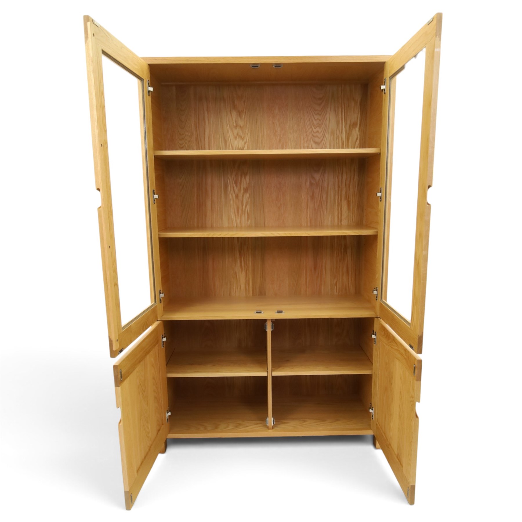 Ercol - contemporary oak 'Bosco' display cabinet, fitted with two shelves enclosed by glazed doors, over two cupboard doors, raised on stile feet