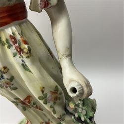 18th century Derby figure of Diana the huntress, circa 1760, modelled reaching for an arrow from quiver across her back, with recumbent hound at her feet, upon a scrolled base with bocage detail, H27.5cm