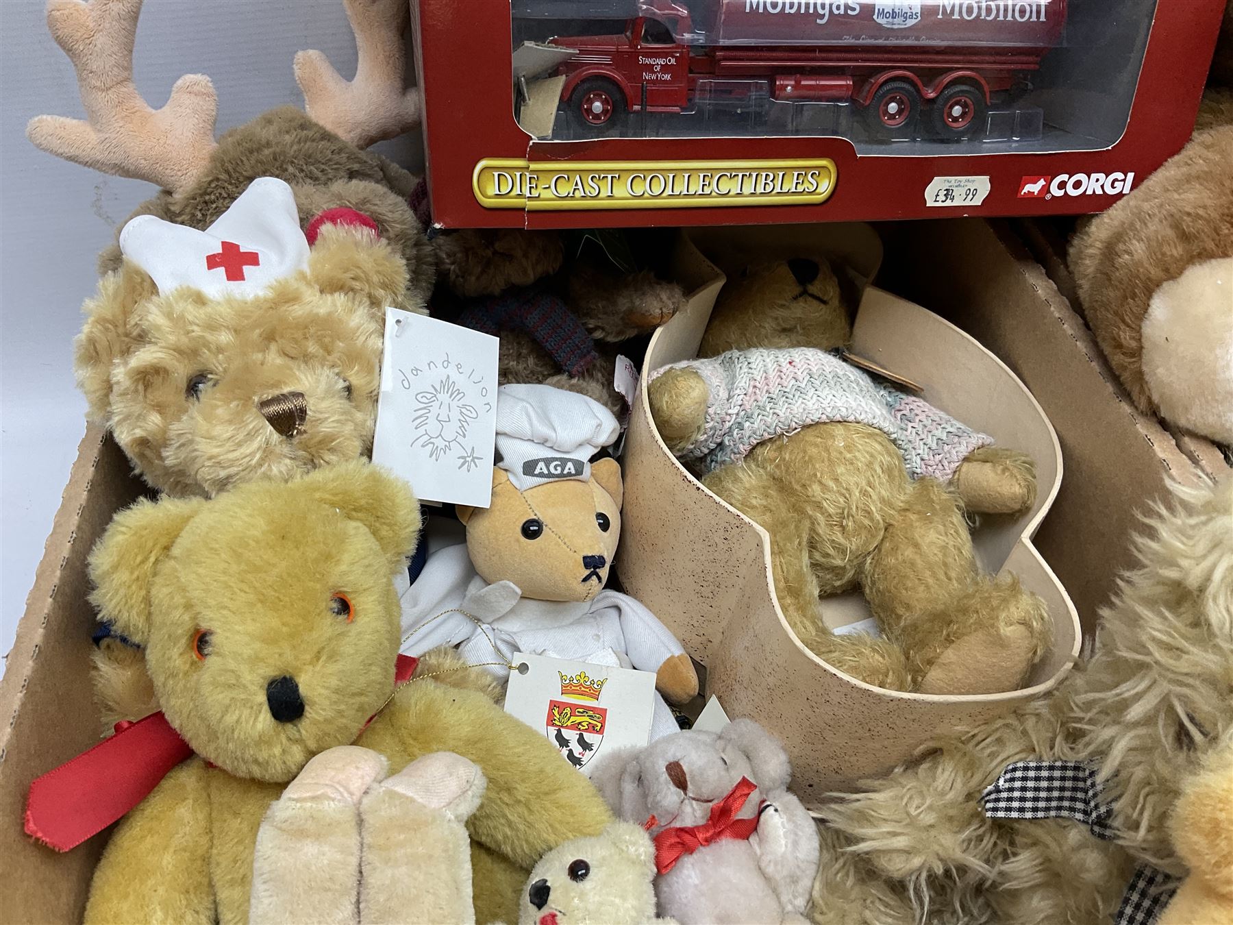 Large quantity of teddy bears together with boxed Corgi Mobilgas Mack LJ 6 tanker and two Corgi Eddie Stobart die cast lorries