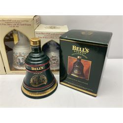 Bells, Scotch whisky, in eight Wade ceramic decanters, including Christmas 1992, Queens 60th birthday, Birth of Prince William etc, various contents and proof   