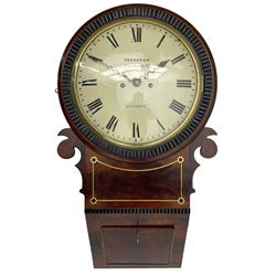 Frodsham of London - 8-day chain driven twin fusee wall clock in a mahogany case c1870, veneered case inlaid with brass stringing and motifs, shaped earpieces and chisel shaped base with pendulum adjustment door, 10” painted steel dial with Roman numerals, minute track and blued serpentine steel hands, dial inscribed Frodsham, Gracechurch Street, London, chain fusee, five-pillar, rack striking movement striking the hours on a cast bell. With pendulum.
H65 W34 D18
George Edward Frodsham, son of John Frodsham is recorded as working in Gracechurch Street, London 1869-79. Succeeded to Frodsham & Baker
