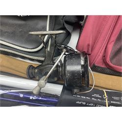 Collection of fishing memorabillia and equipment, including an Allcocks three piece split cane trout fly rod, Shakespeare Salt 3600 surf rod, two tackle bags, Old Red Seastreak multiplier reel, Sportext Saltwater fixed spool reel, fishing dvds, etc