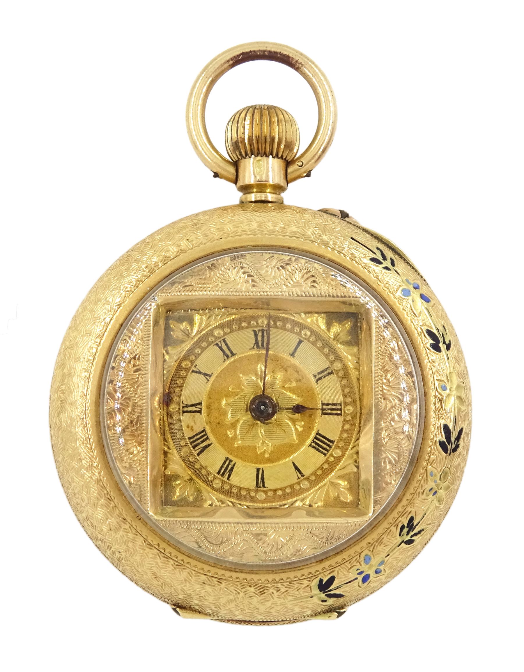 Early 20th century 14ct gold open face, cylinder ladies fob watch, gilt dial with Roman numerals, enamelled case with engraved foliate decoration, stamped 14K