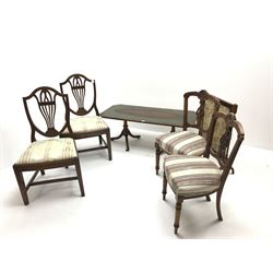 Pair of Edwardian chairs, shaped cresting rail, upholstered seats, turned tapering supports (W47cm) a fire screen, two other chairs and a leather top coffee table