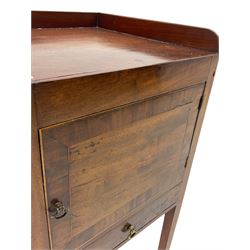 Early 19th century mahogany bedside pot cupboard, raised gallery back, enclosed by single door with band above single drawer, square supports