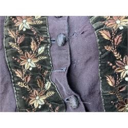 Victorian ladies riding habit, the two-piece construction in brown with embroidered floral velvet edging