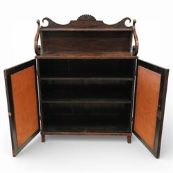 Regency simulated rosewood chiffonier, with shaped scroll supports and shell carved cresting, over a pair of panelled doors inset with diamond lattice glazing, enclosing a shelved interior, raised on short turned feet
