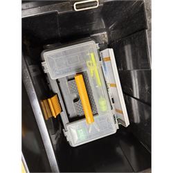 Fishing equipment, including two Fladen Vantage reels, split cane rod, hooks, line, lures etc, in Leeda plastic box and table top plastic drawers