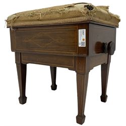 Edwardian inlaid mahogany piano stool, upholstered adjustable seat, inlaid with geometric boxwood stringing, on square tapering supports with spade feet