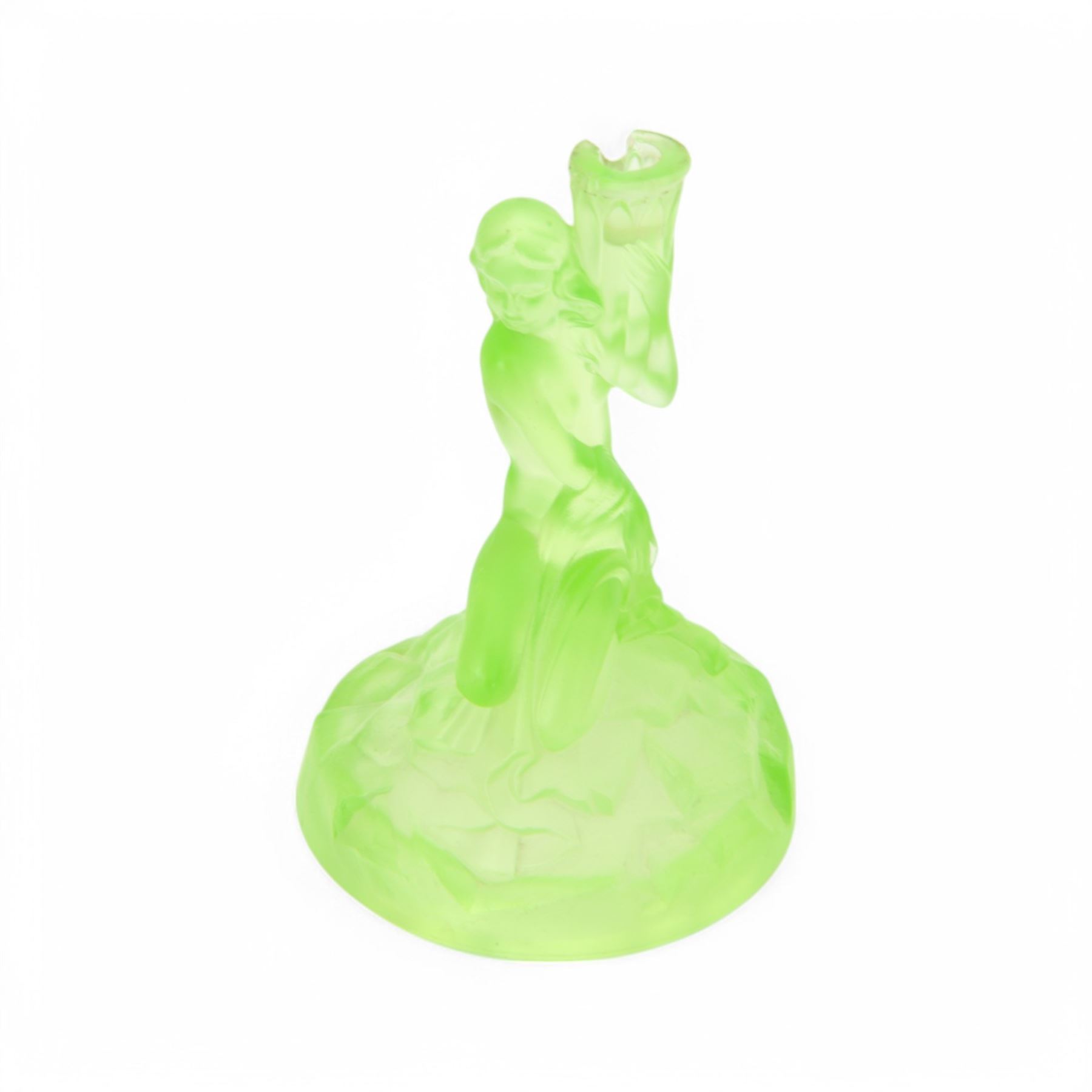 Walther And Sohne Art Deco glass, comprising pink frosted lamp base, together 
 uranium glass lamp base and candlestick