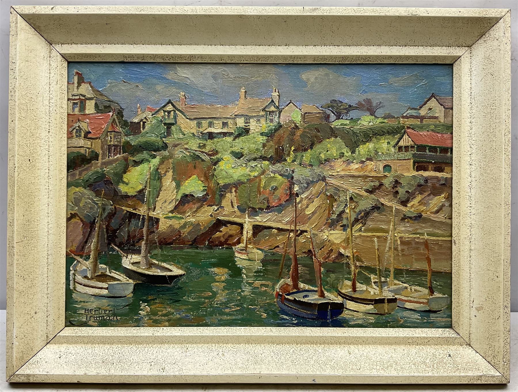 Herbert Truman (St. Ives 1883-1957): ‘Corner of Newquay Harbour’, oil on board signed, titled on label verso 31cm x 45cm