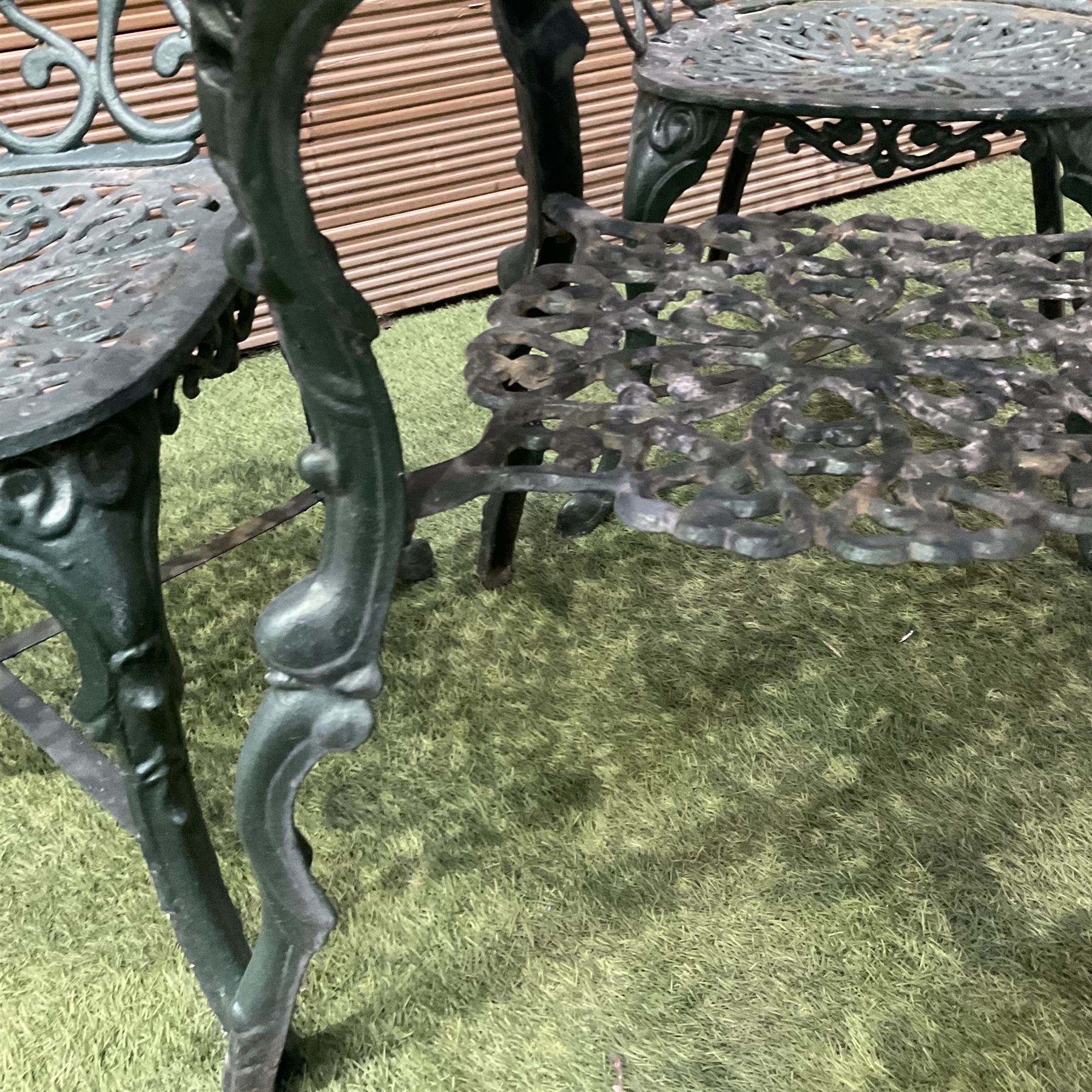 Cast aluminium garden table and three chairs painted in green - THIS LOT IS TO BE COLLECTED BY APPOINTMENT FROM DUGGLEBY STORAGE, GREAT HILL, EASTFIELD, SCARBOROUGH, YO11 3TX