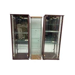 Two wood finish and glazed display cabinets (W65cm, H170cm, D33cm & W68cm, H170cm, D36cm), and a narrow glazed display cabinet (W43cm, H164cm, D37cm)