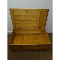  Mid 20th century boarded pine box, hinged lid, two side handles, W101cm, H38cm, D58cm  
