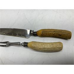 Early 20th century Indian wooden fish scabbard knife and fork serving set, together with other carving instruments with antler handles to include a Walker & Hall example