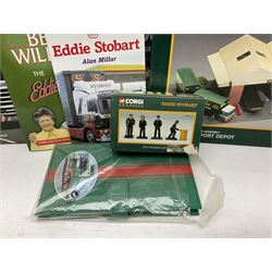 Eddie Stobart - accessories, memorabilia and promotional merchandise including Corgi Self Assembly Model Transport Depot and Five Figures Set; scarf; slippers; mugs and beakers; coasters; note book; books etc