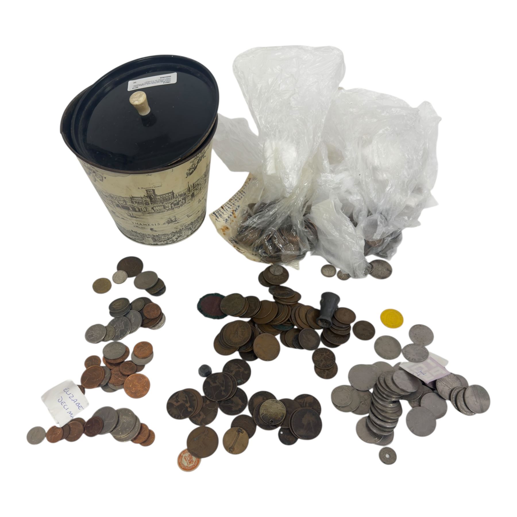 Great British and World coins, including Queen Victoria 1888 silver florin, William III fourpence, copper pennies, etc, in a biscuit tin