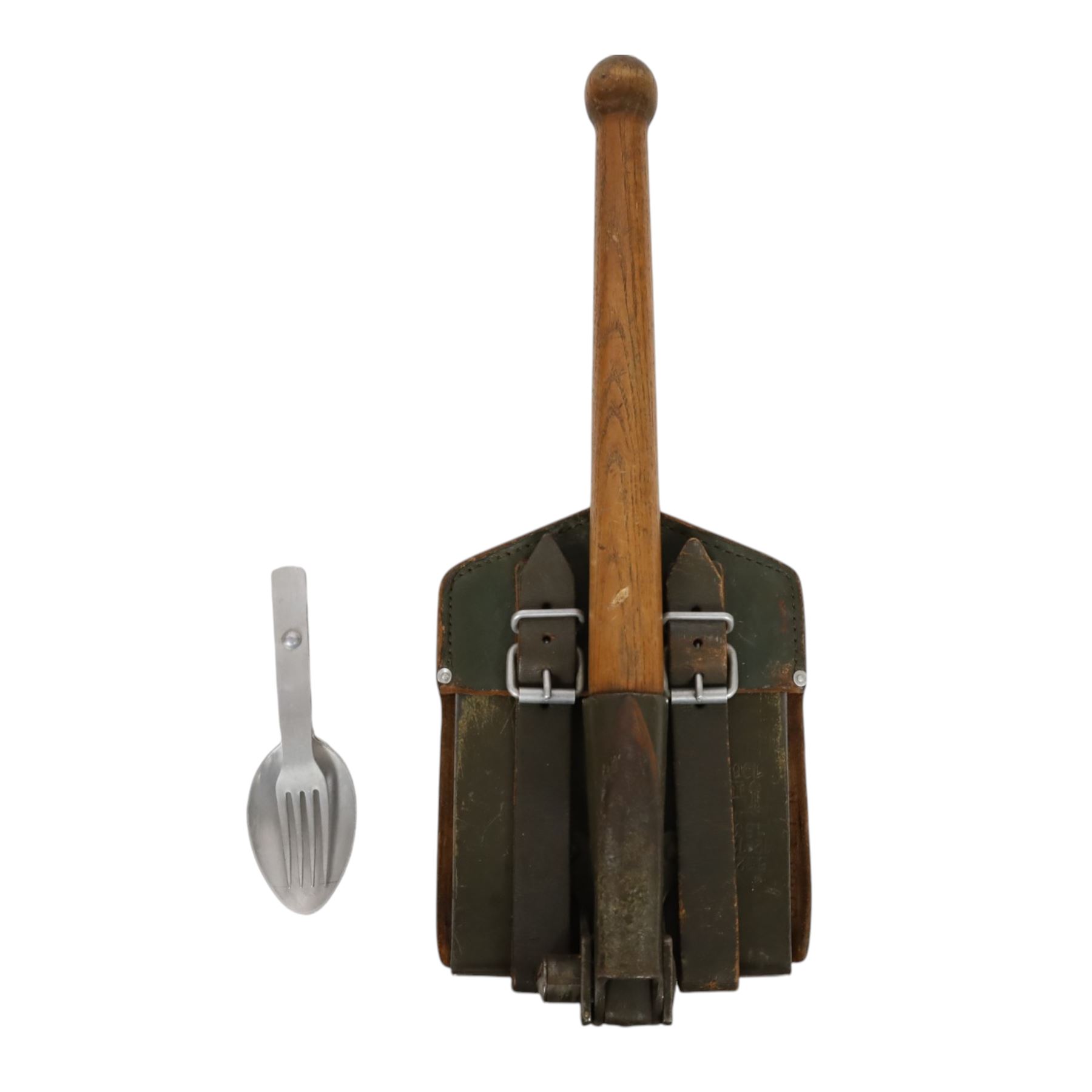 German WWII folding trench shovel with cover, together with a folding spoon and fork 