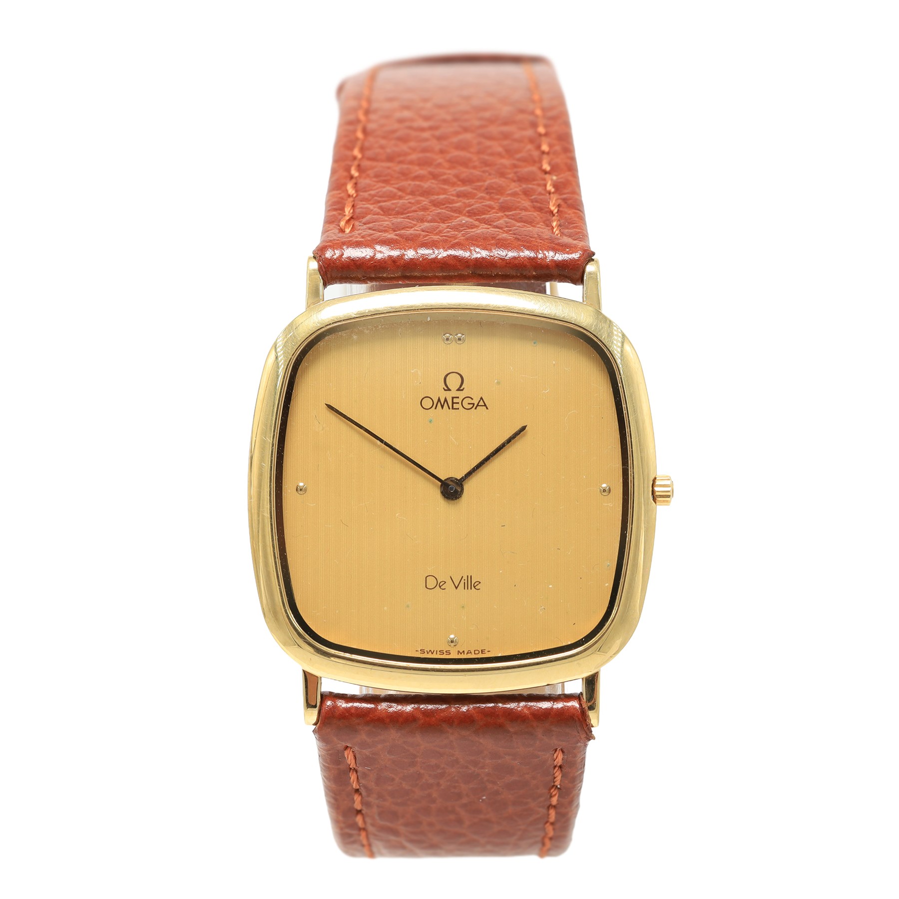 Omega gentleman's stainless steel quartz wristwatch, white dial with Roman numeral hour markers, on stainless steel bracelet and one other gold-plated and stainless steel, Ref. 1378, champagne dial with dot markers