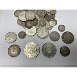 World coins, mostly in silver, including Queen Victoria India 1891 one rupee, Mexico 1892 eight reales, South Africa 1896 two shillings, King George VI South Africa 1944 two and a half shillings, King George V Australia 1927 one florin, Queen Elizabeth II Canada 1958 and 1966 dollars etc, gross weight approximately 560 grams