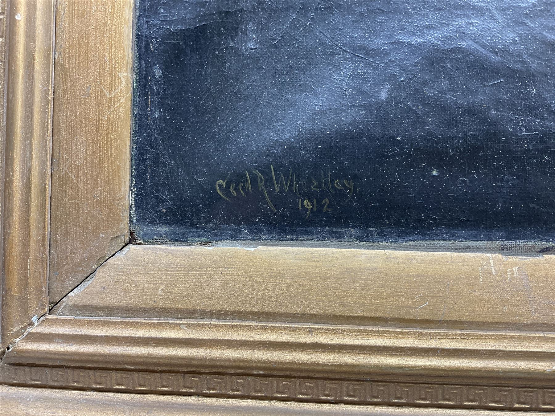 Cecil Ross Wheatley (British 1892-1967): The Lawyer's Bill, oil on canvas signed and dated 1912, label verso 50cm x 75cm