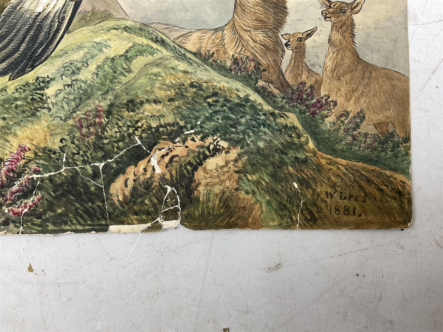 W Lees (British Late 19th Century): The Hunt and An Eagle Fight, pair unframed watercolours signed, dated 1881 max 33cm x 43cm (2)