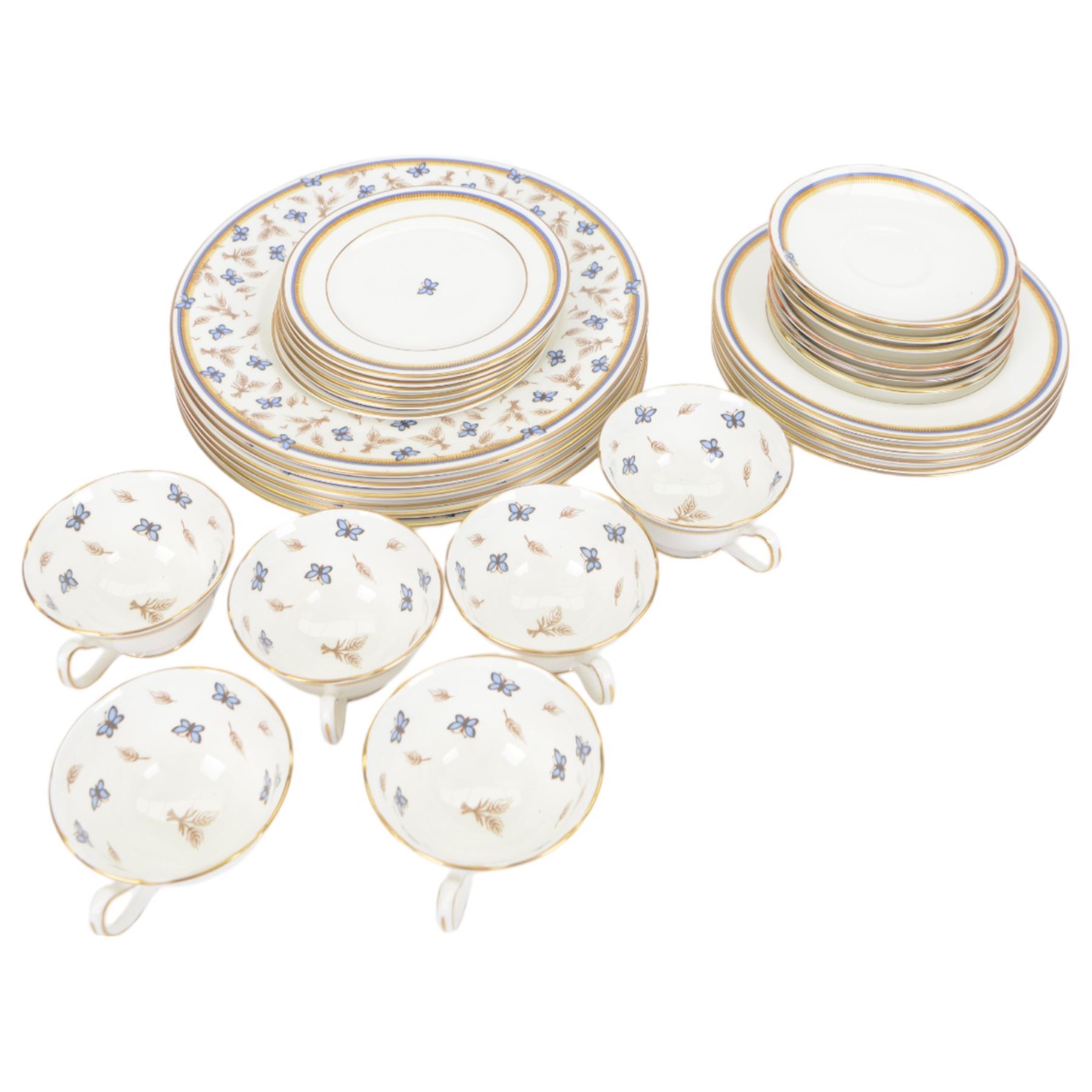 Royal Grafton Butterfly pattern tea and dinner wares for six, 
 comprising dinner plates, teacups and saucers, side plates and dessert plates, designed by The David Linley Co for Mappin & Webb