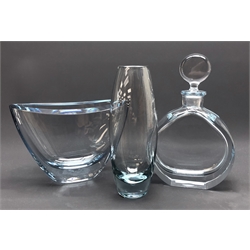  Strombergshyttan circular decanter with disc stopper no. e209 and boat shaped vase no. 7388 and 1960s Holmegaard ovoid glass vase by Per Lutken H23cm (3)  